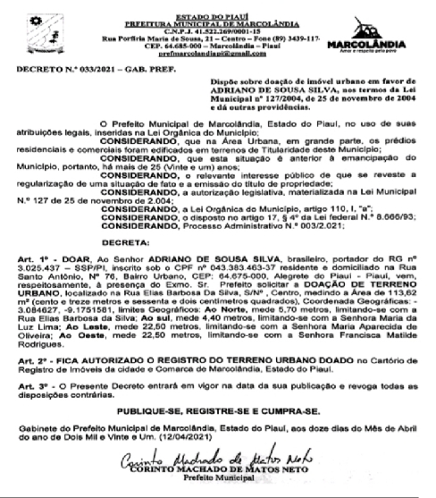  PREFEITURA de Marcolândia, como mostra o Diário Oficial dos Municípios fez a doação de um terreno pertencente ao município