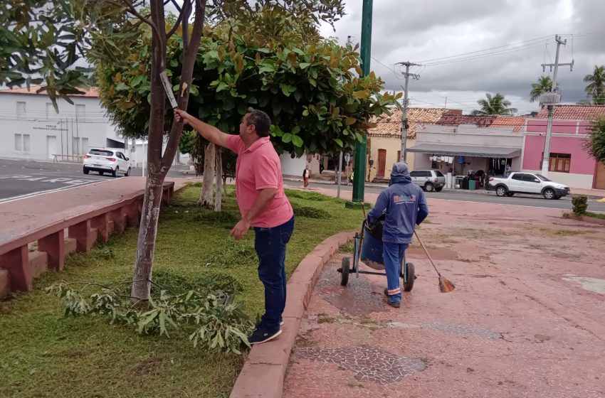  PREFEITO de Jaicós na manhã do sábado, 2 de abril, a realizar servicos de poda de plantas numa das praças da sua cidade
